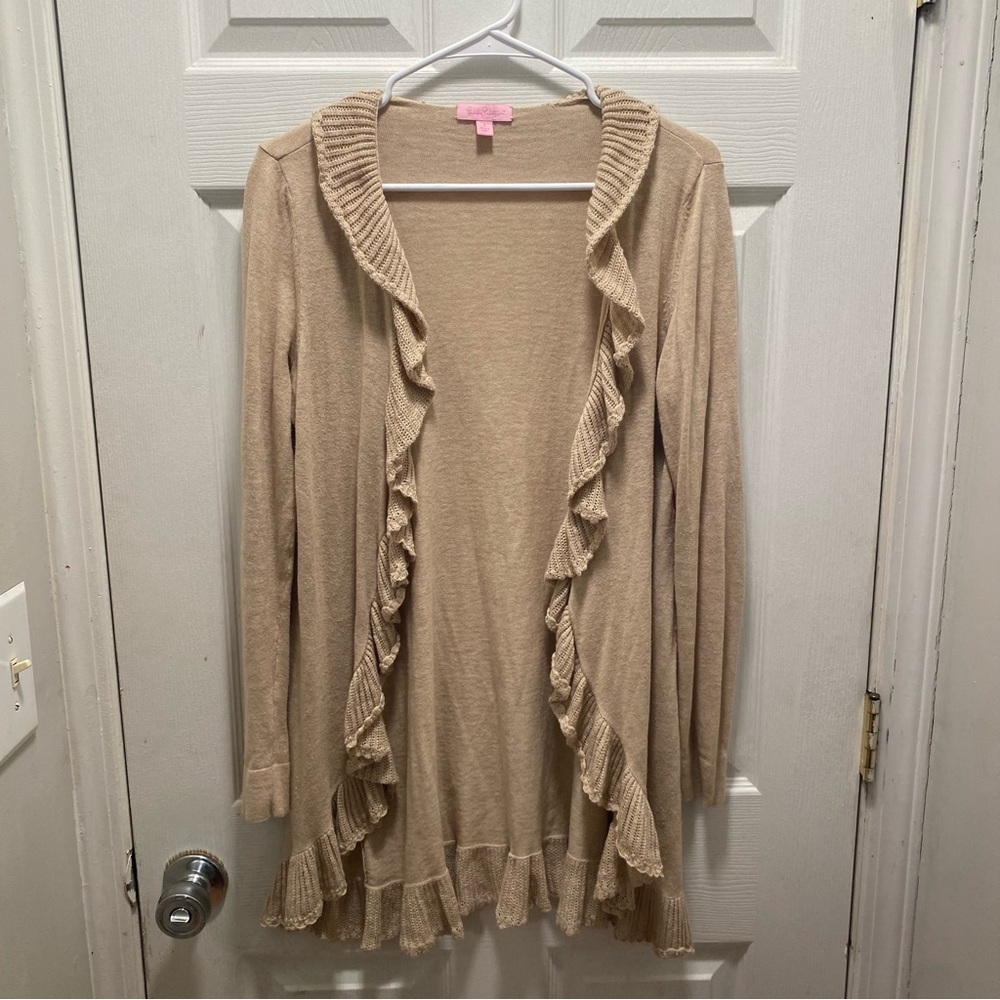 Lilly Pulitzer womens ruffle detail tan cotton silk sweater cardigan